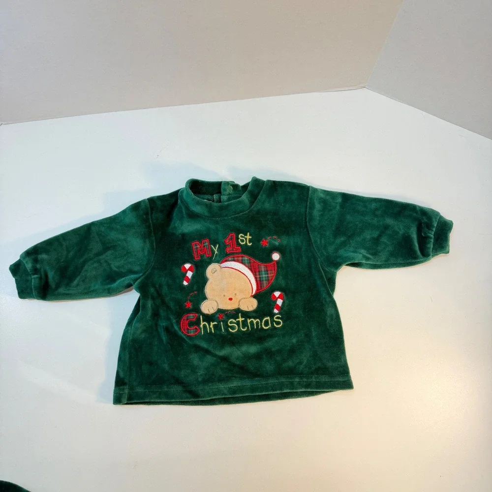 Baby Rageous Pant Set Infant 6 Month Green My 1st Christmas Velour Footed Outfit